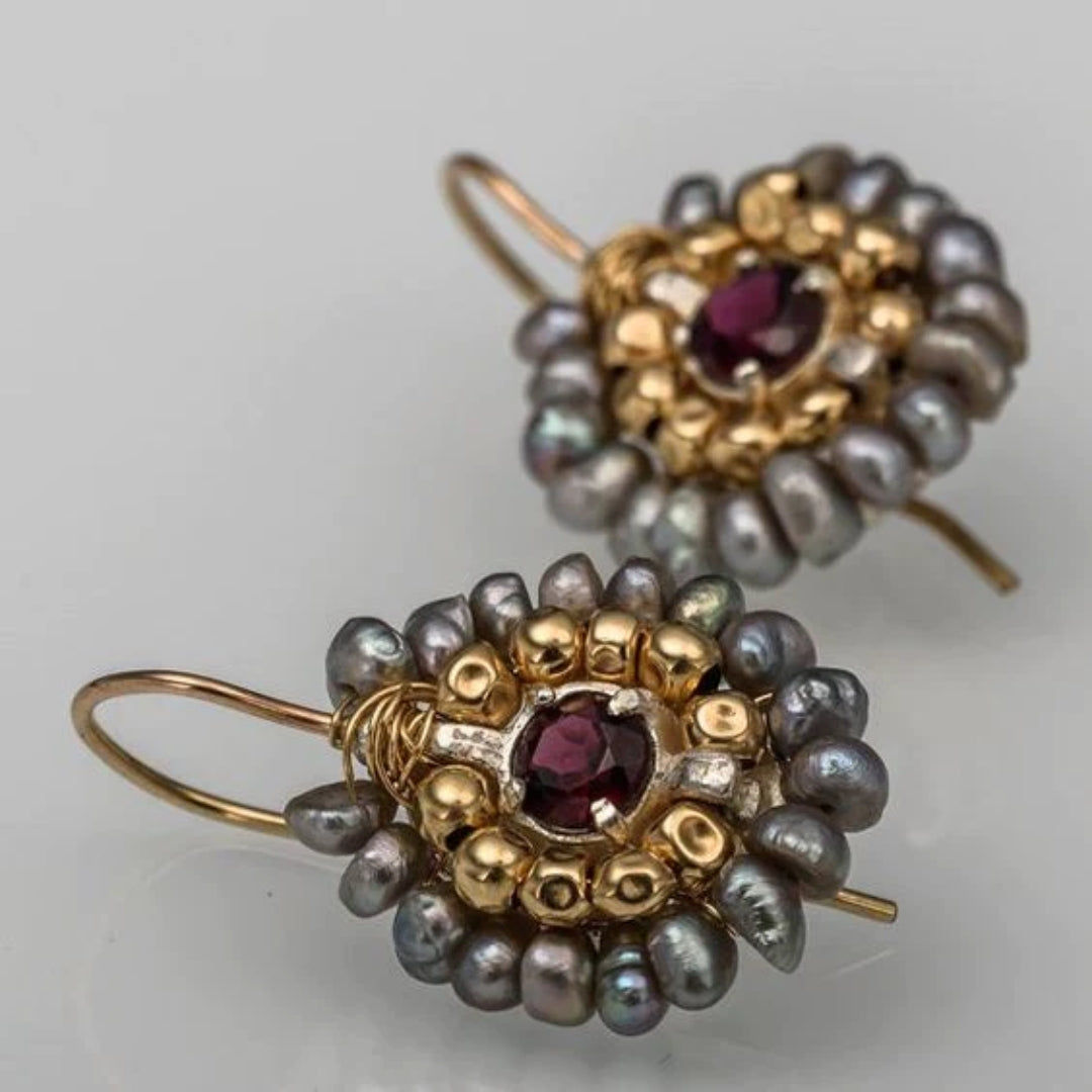 Pendientes Perlas Grises y Doradas Vintage