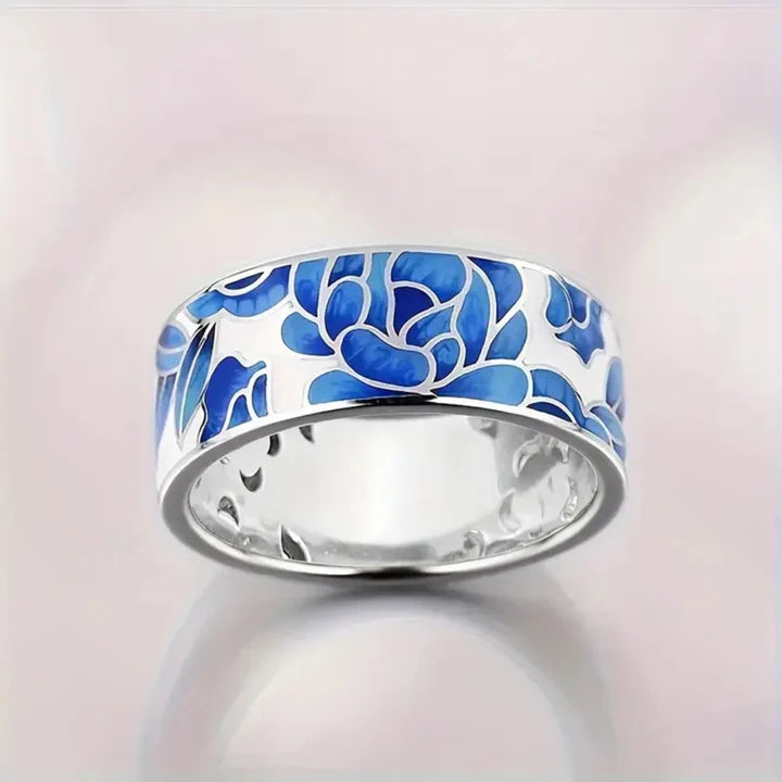 Anillo Esmalte Azul Floral Vintage