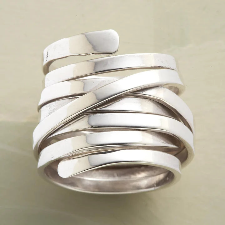Anillo Grueso Multicapa Plateado Vintage