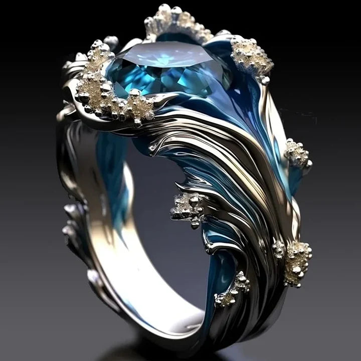 Anillo Ola Oceánica Cristalina Vintage