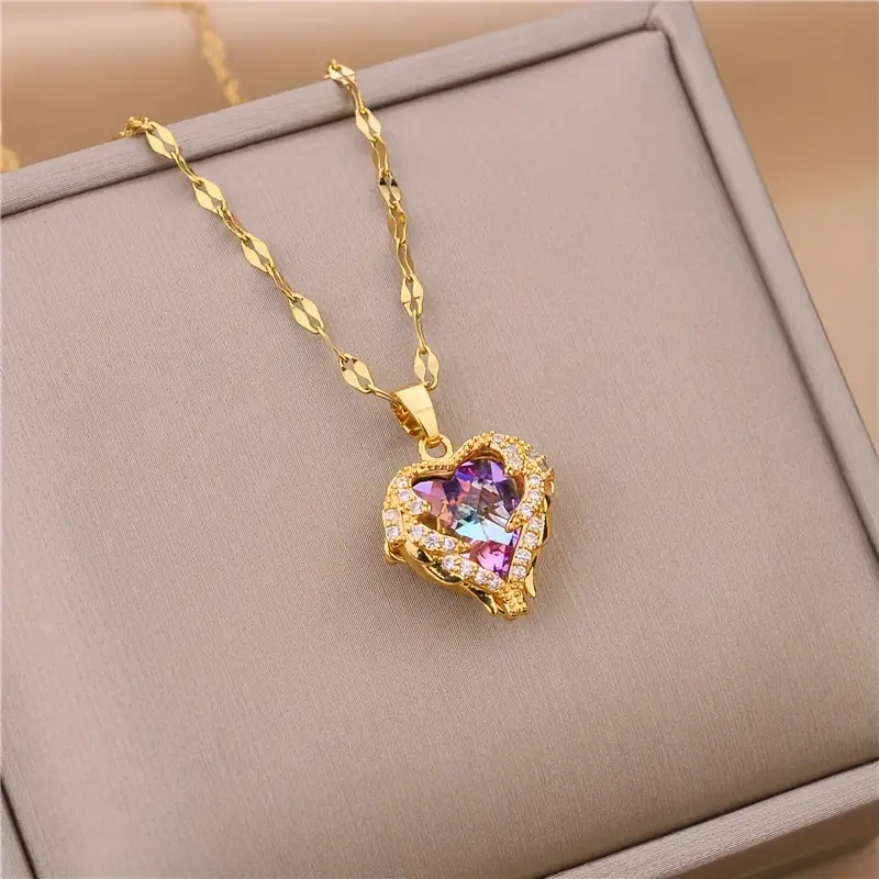 Collar Corazón Morado Dorado Vintage