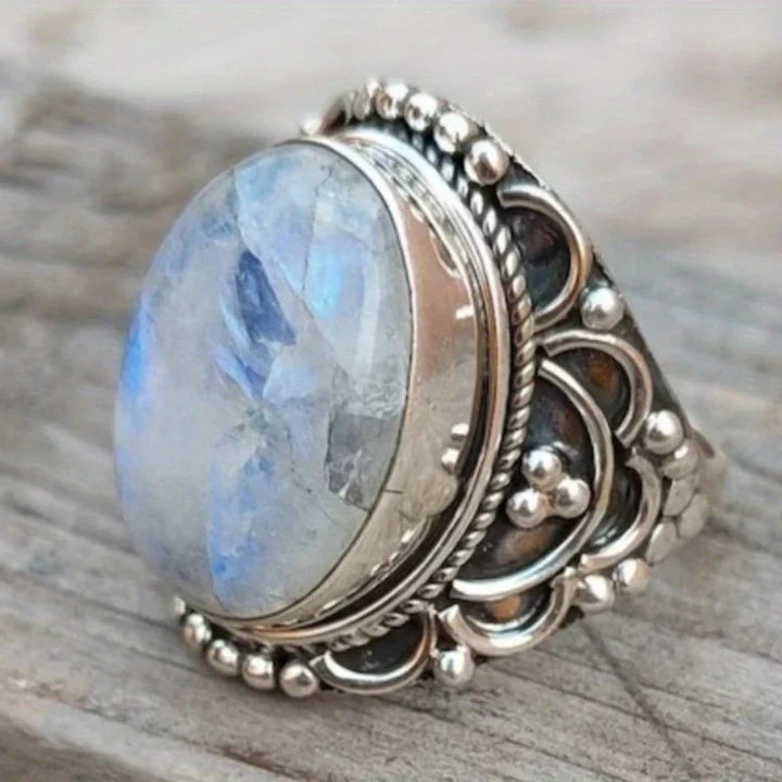 Anillo Piedra Lunar Plateado Vintage