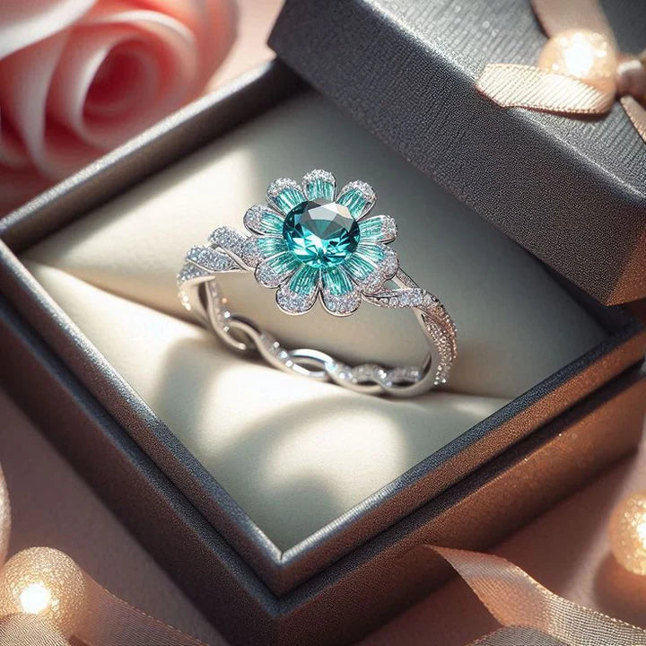 Anillo Flor Turquesa Cristalina Vintage
