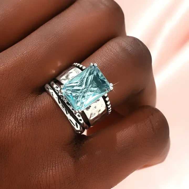 Anillo Cristal Oceánico Vintage
