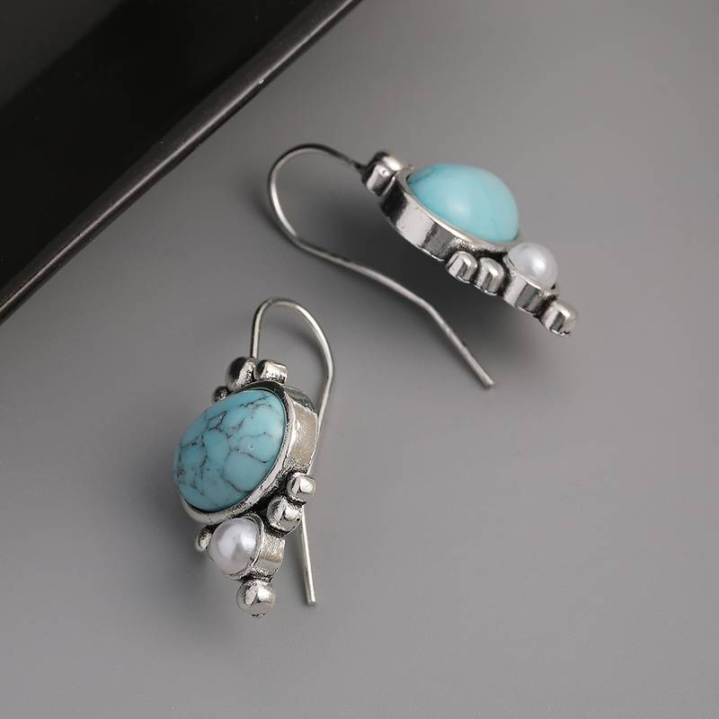Pendientes Vintage Piedra Azulada y Perlas