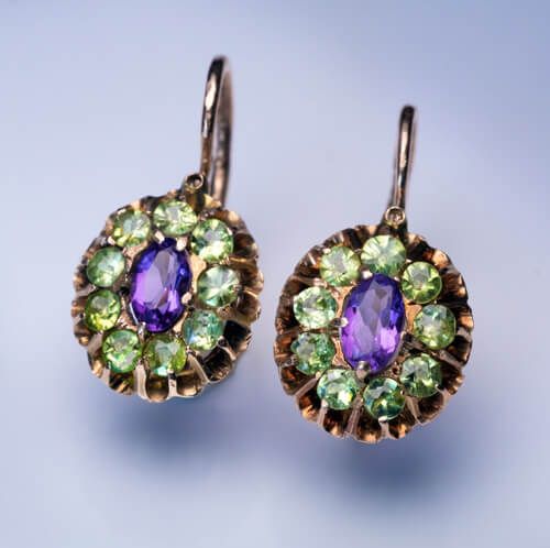 Pendientes Vintage Redondos Cristal Verde y Morado