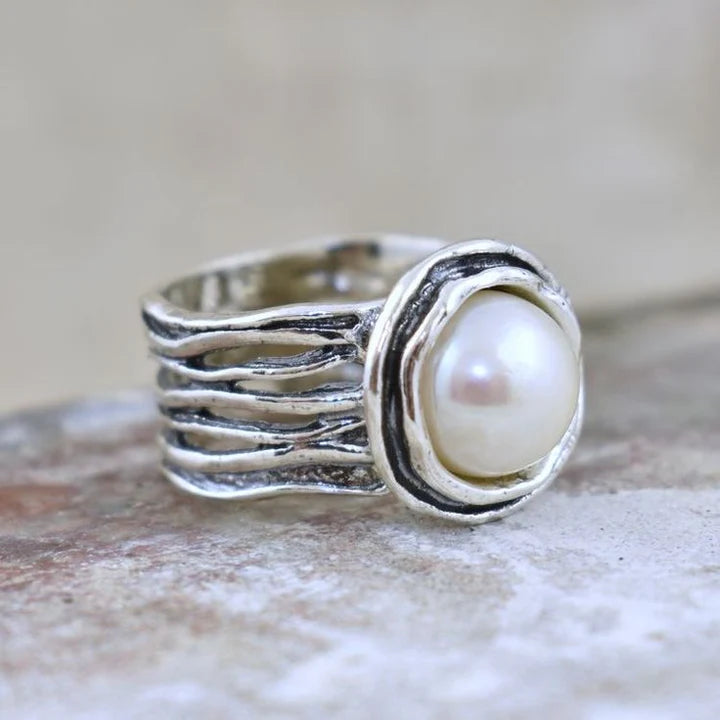 Anillo Perla Blanca Multicapa Vintage