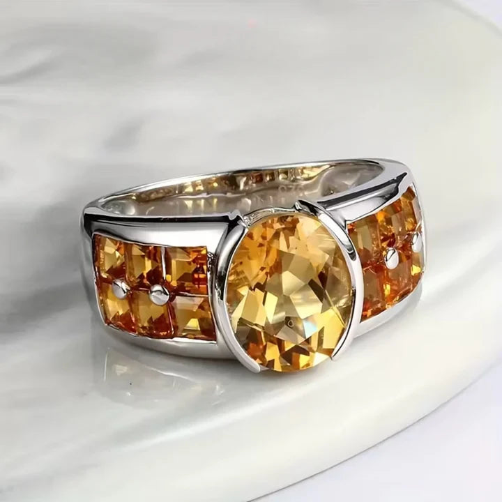 Anillo Cristalino Naranja Plateado Vintage