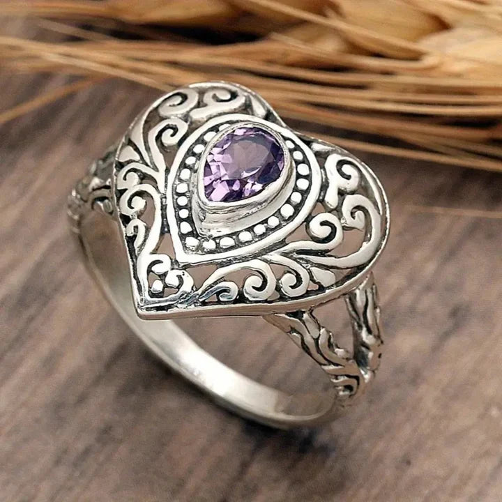 Anillo Corazón Cristal Morado Plateado