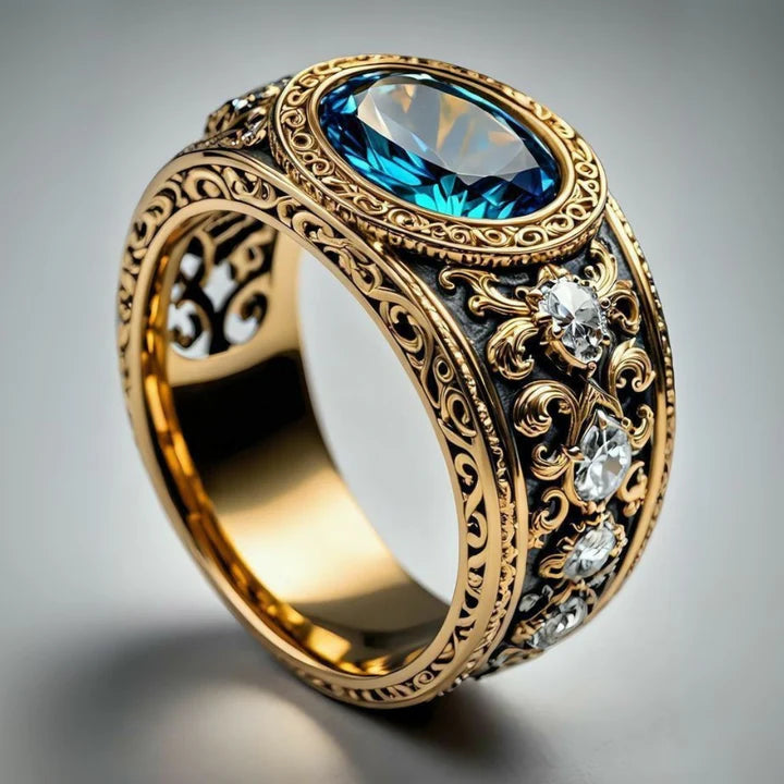 Anillo Exótico Azul Cristalino Dorado