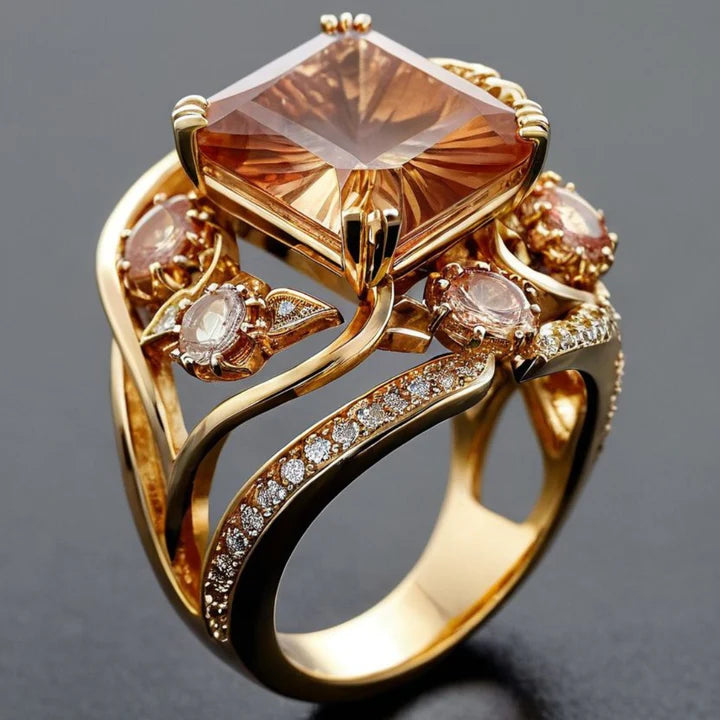Anillo Exótico Naranja Cristalino Dorado