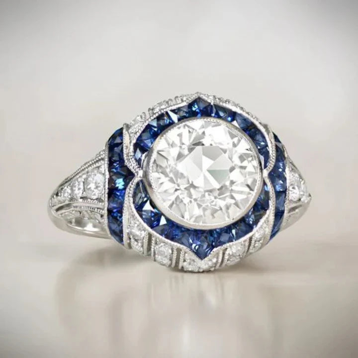 Anillo Redondo Cristal Blanco y Azul Vintage