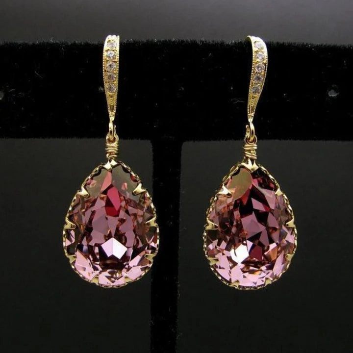Pendientes Rosados Gota Cristal en Oro