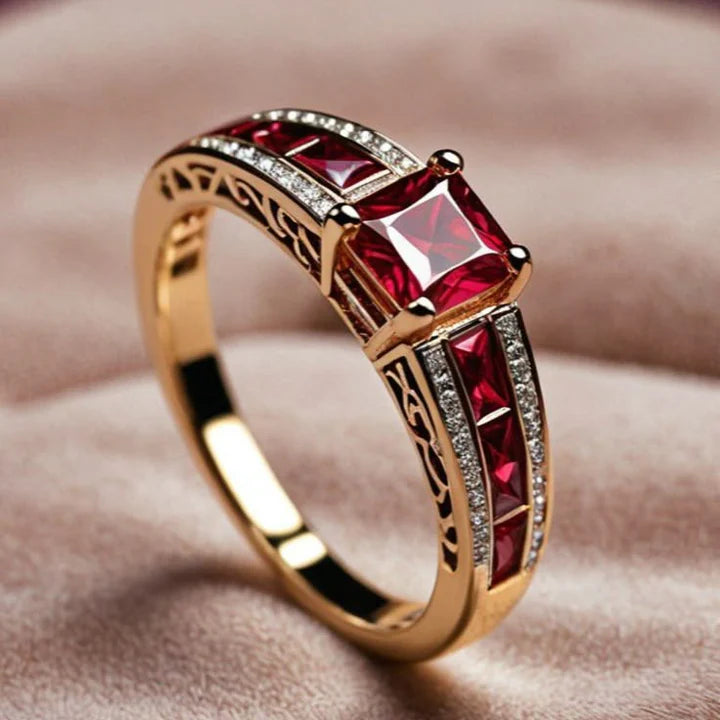 Anillo Exótico Cristal Rojo Dorado