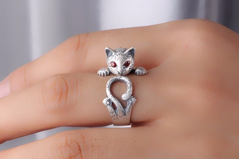 Anillo Ajustable Gato Pintado a Mano en Plata 925